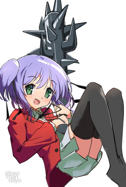 Anime picture 2362x3496 with bokusatsu tenshi dokuro-chan mitsukai dokuro rokochan single tall image looking at viewer highres short hair open mouth simple background white background twintails green eyes purple hair :d short twintails girl thighhighs weapon black thighhighs