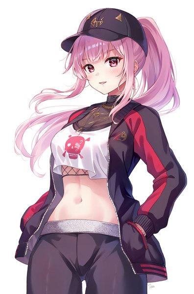Anime-Bild 800x1213 mit virtual youtuber hololive hololive english mori calliope mori calliope (streetwear) sebu illust single long hair tall image simple background white background payot looking away pink hair ponytail pink eyes open jacket midriff official alternate costume hands in pockets