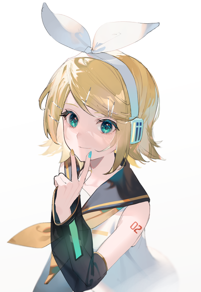 Anime picture 1741x2532 with vocaloid kagamine rin zumi (neronero126) single tall image highres short hair simple background blonde hair white background looking away aqua eyes sailor collar girl ribbon (ribbons) hair ribbon detached sleeves headphones bobby pin