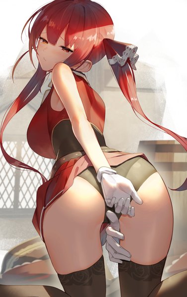 Anime picture 1918x3051 with virtual youtuber hololive houshou marine houshou marine (1st costume) scottie (phantom2) single long hair tall image highres light erotic red eyes twintails ass red hair looking back leaning leaning forward kneeling between thighs girl