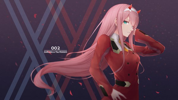 Anime picture 1920x1080 with darling in the franxx studio trigger zero two (darling in the franxx) scal2let single long hair looking at viewer fringe highres hair between eyes wide image standing payot pink hair upper body parted lips horn (horns) aqua eyes wallpaper copyright name