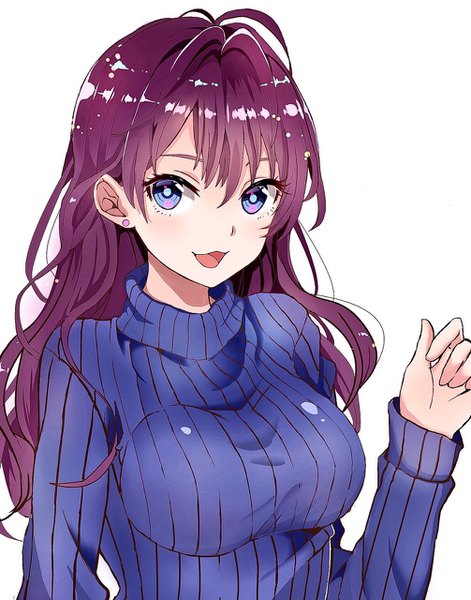 Anime picture 1006x1280 with idolmaster idolmaster cinderella girls ichinose shiki hamu (plot sy) single long hair tall image looking at viewer blush fringe breasts open mouth blue eyes simple background smile hair between eyes large breasts white background purple hair upper body