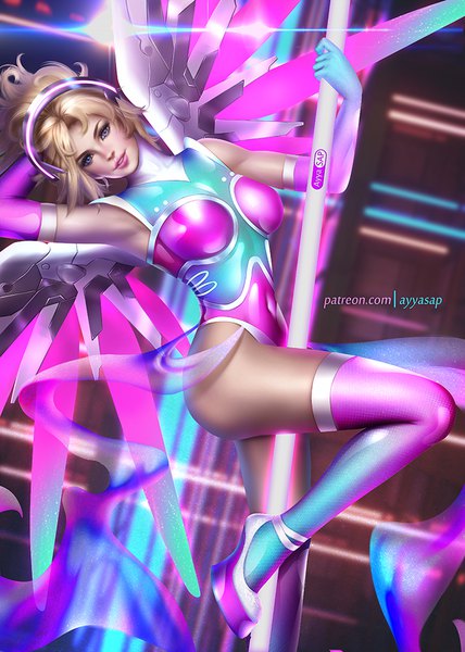 Anime picture 714x1000 with overwatch blizzard entertainment mercy (overwatch) ayyasap single tall image looking at viewer fringe short hair breasts blue eyes light erotic blonde hair large breasts standing signed head tilt realistic armpit (armpits) lipstick