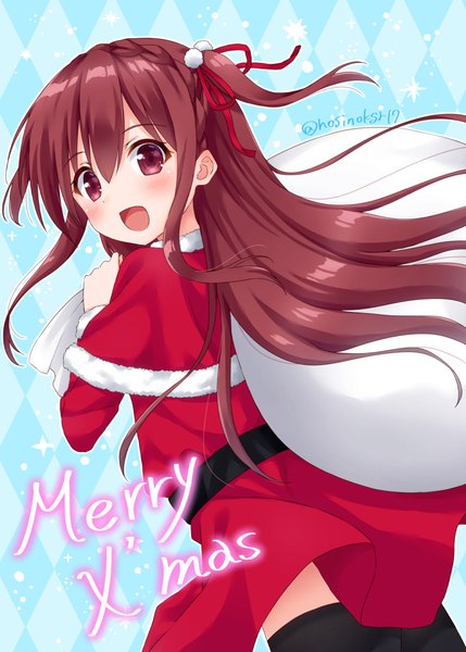 Anime picture 777x1087 with original hoshino kagari single long hair tall image looking at viewer blush fringe open mouth hair between eyes brown hair signed braid (braids) :d two side up fur trim twitter username christmas merry christmas crown braid
