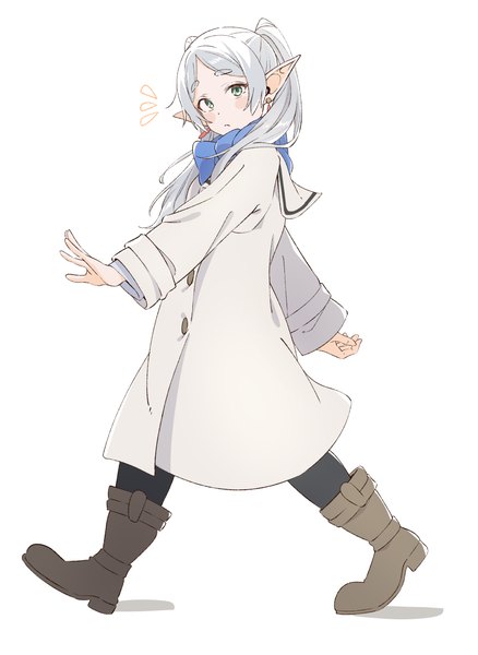 Anime-Bild 979x1340 mit sousou no frieren frieren eito12 single long hair tall image looking at viewer simple background white background twintails green eyes silver hair full body pointy ears turning head elf walking girl earrings knee boots