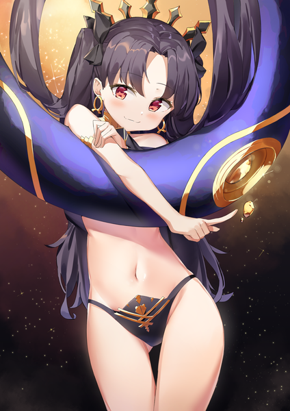 Anime-Bild 3500x4950 mit fate (series) fate/grand order ishtar (fate) kuse (0201) single long hair tall image looking at viewer blush fringe highres light erotic black hair smile red eyes standing absurdres two side up girl ribbon (ribbons)