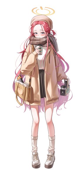 Anime picture 2122x4454 with blue archive nintendo starbucks yuzu (blue archive) tiokun7 single long hair tall image blush highres blue eyes simple background white background full body red hair open jacket alternate costume one side up girl socks