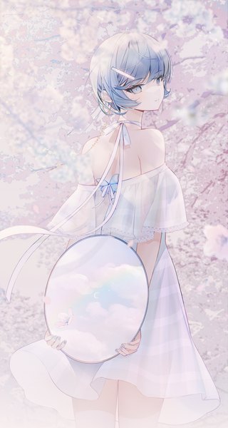 Anime picture 1990x3730 with original snow is single tall image looking at viewer fringe highres short hair breasts blue eyes standing bare shoulders holding blue hair sky cloud (clouds) outdoors nail polish parted lips head tilt