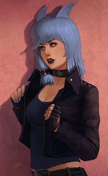 Anime picture 725x1179 with original tsuaii single tall image short hair purple eyes blue hair lips realistic open clothes open jacket shadow girl gloves jacket fingerless gloves t-shirt