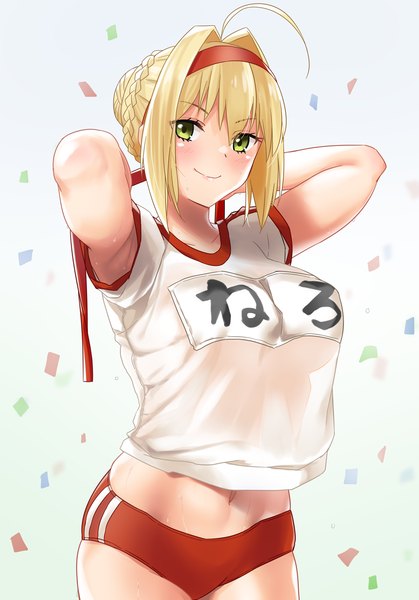 Anime picture 900x1290 with fate (series) fate/grand order nero claudius (fate) nero claudius (fate/extra) gachou single tall image looking at viewer blush fringe short hair breasts light erotic simple background blonde hair smile large breasts standing green eyes ahoge