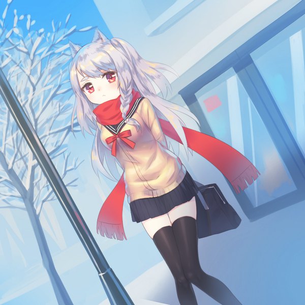 Anime picture 800x800 with azur lane yuudachi (azur lane) chi yei single long hair looking at viewer blush red eyes animal ears silver hair braid (braids) dutch angle alternate costume zettai ryouiki single braid winter snow eyebrows hands behind back wolf ears