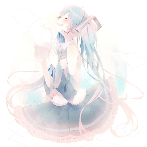 イラスト 1400x1400 と ボーカロイド 初音ミク niwa (ejizon) ソロ 長髪 赤面 前髪 開いた口 simple background hair between eyes 白背景 ツインテール 肩出し eyes closed プロフィール multicolored hair aqua hair gradient hair 女の子 袖だけ