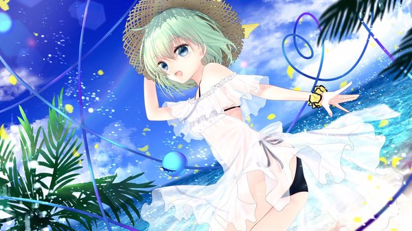 Anime picture 2048x1152 with touhou komeiji koishi chikawa shibainu single looking at viewer fringe highres short hair open mouth blue eyes light erotic smile hair between eyes wide image standing sky cloud (clouds) outdoors :d arm up