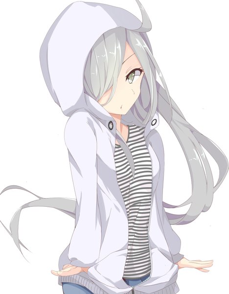 Anime picture 800x1024 with kantai collection asashimo (kantai collection) demero single long hair tall image looking at viewer blush fringe open mouth simple background white background green eyes silver hair hair over one eye striped hands in pockets girl hood hoodie