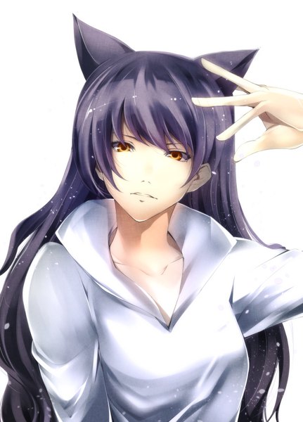 Anime picture 1353x1882 with rwby rooster teeth blake belladonna jijii48 single long hair tall image looking at viewer fringe breasts simple background white background animal ears yellow eyes purple hair glow girl shirt white shirt