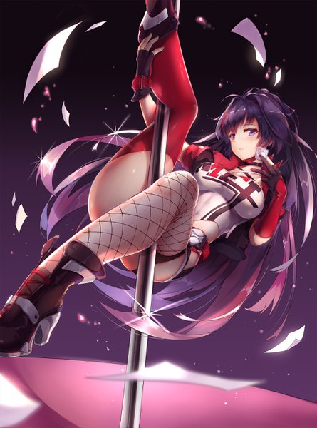 Anime picture 2000x2695 with honkai impact 3rd benghuai xueyuan honkai (series) raiden mei zombie-andy single long hair tall image looking at viewer blush fringe highres breasts light erotic large breasts purple eyes holding purple hair ponytail parted lips
