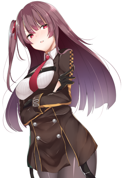 Anime picture 714x1028 with girls frontline wa2000 (girls frontline) ashino single tall image looking at viewer blush fringe open mouth simple background red eyes standing white background payot purple hair blunt bangs dutch angle one side up crossed arms double buttons