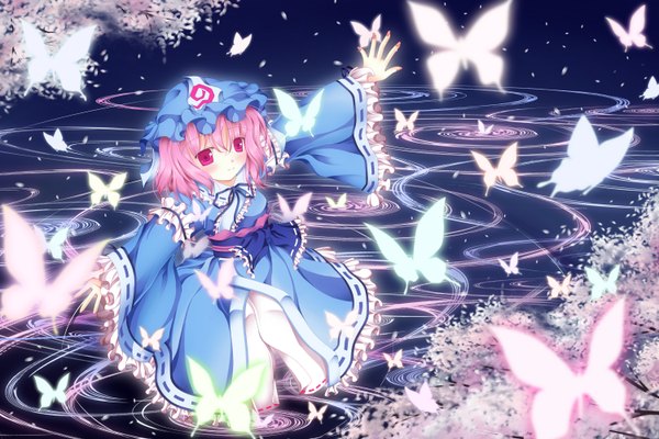Anime picture 3000x2000 with touhou saigyouji yuyuko single blush highres short hair pink hair pink eyes spread arms girl dress frills insect butterfly bonnet