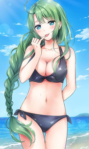 Anime picture 965x1610 with kantai collection yuugumo destroyer nanashiki fuuka single long hair tall image looking at viewer blush fringe breasts blue eyes light erotic standing bare shoulders payot sky cloud (clouds) ahoge outdoors braid (braids)
