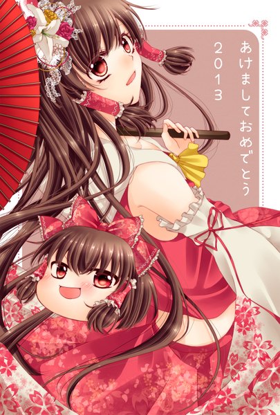Anime picture 1196x1771 with touhou hakurei reimu nanaya65 long hair tall image open mouth black hair red eyes traditional clothes miko new year happy new year akeome 2013 girl flower (flowers) bow hair bow detached sleeves umbrella