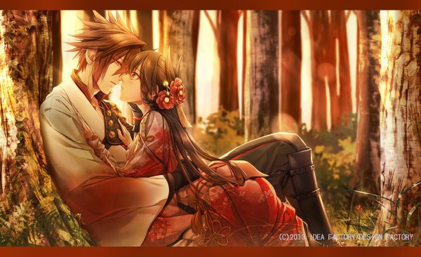 Anime picture 1200x733 with toki no kizuna idea factory chitose (toki no kizuna) suzumori yukina miko (artist) long hair blush fringe short hair open mouth black hair red eyes brown hair wide image sitting braid (braids) traditional clothes japanese clothes hair flower sunlight