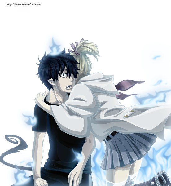 Anime picture 1198x1300 with ao no exorcist a-1 pictures okumura rin moriyama shiemi ioshik tall image fringe open mouth black hair blonde hair white background ponytail tail pointy ears black eyes hair over one eye hug coloring magic ribbon (ribbons)
