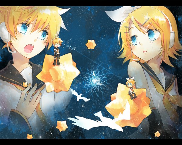 Anime picture 1000x800 with vocaloid kagamine rin kagamine len renta (deja-vu) short hair open mouth blue eyes blonde hair sitting eyes closed tears letterboxed chibi crying twins singing brother and sister girl boy hair ornament