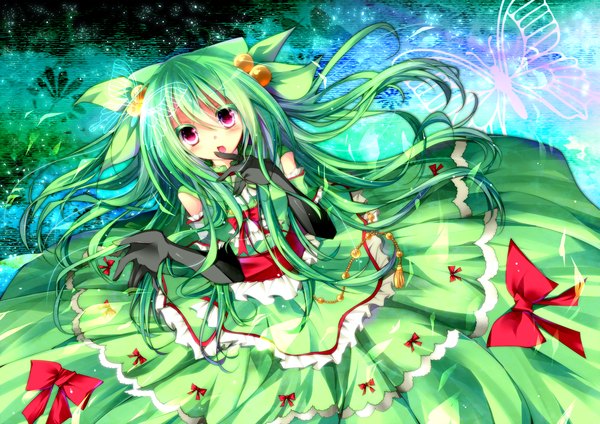 Anime picture 1600x1132 with original homaderi long hair red eyes green hair girl dress gloves bow elbow gloves