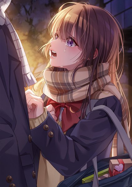 Anime picture 919x1300 with original unjem long hair tall image blush fringe open mouth hair between eyes brown hair standing purple eyes outdoors long sleeves profile teeth tears looking up crying head out of frame girl