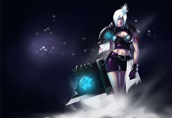 Anime picture 1113x765 with league of legends riven (league of legends) single short hair breasts blue eyes simple background large breasts white hair girl gloves navel weapon shorts armor huge weapon huge sword