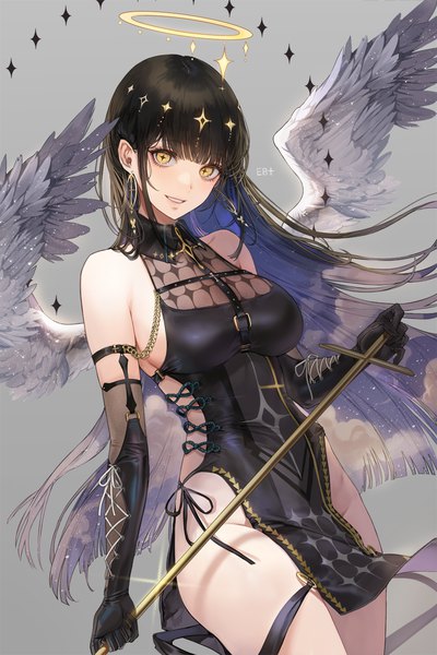 Anime picture 800x1200 with original kim eb single long hair tall image looking at viewer fringe breasts light erotic black hair simple background smile large breasts bare shoulders holding signed yellow eyes blunt bangs parted lips multicolored hair
