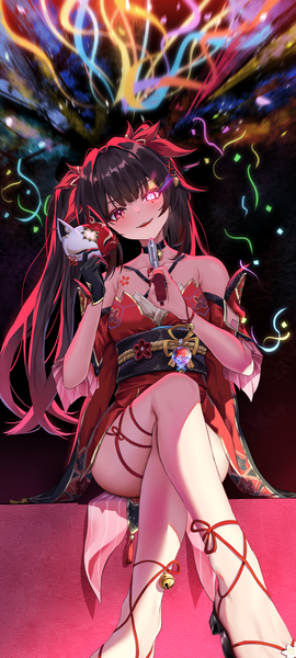 Anime picture 2133x4744 with honkai: star rail honkai (series) sparkle (honkai: star rail) una hirag single long hair tall image looking at viewer blush fringe highres breasts black hair smile red eyes sitting twintails bare shoulders payot blunt bangs