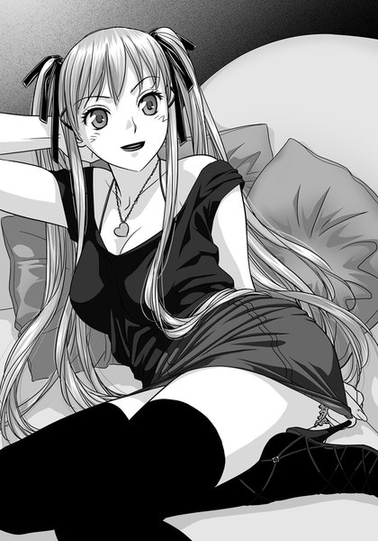 Anime picture 841x1200 with original toshiki yui single long hair tall image light erotic twintails grey hair grey eyes monochrome girl thighhighs dress ribbon (ribbons) black thighhighs hair ribbon pillow pendant