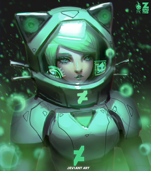 Anime picture 753x850 with paul (shiramune) single tall image fringe short hair green eyes green hair lips realistic lipstick eyebrows green lipstick girl suit helmet