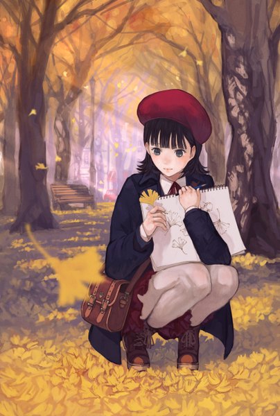 Anime picture 900x1335 with original kaoming single long hair tall image fringe black hair brown eyes looking away squat girl skirt plant (plants) pantyhose tree (trees) boots leaf (leaves) bag beret bench