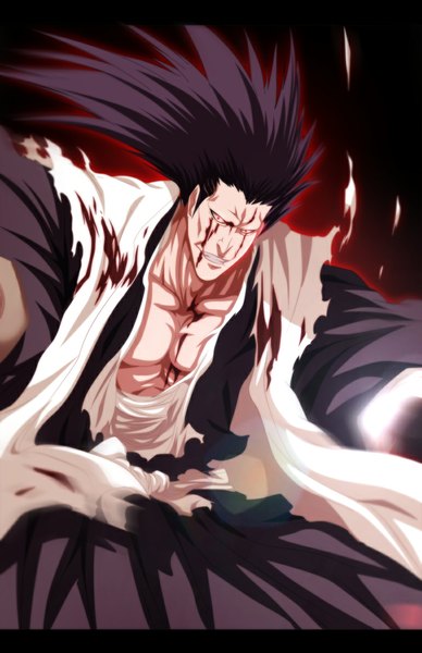 Anime picture 770x1189 with bleach studio pierrot zaraki kenpachi tremblax single long hair tall image black hair smile red eyes traditional clothes japanese clothes grin coloring torn clothes light letterboxed muscle boy belt