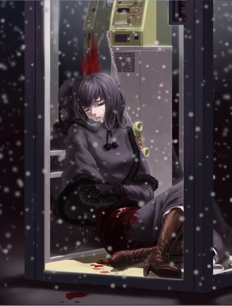 Anime picture 819x1079 with mahou tsukai no yoru type-moon kuonji alice feitie (artist) single tall image short hair black hair sitting one eye closed wink black eyes high heels snowing winter snow exhalation blood stains bleeding girl