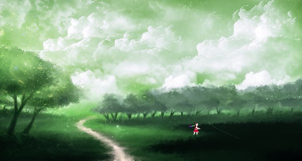 Anime picture 1500x800 with touhou original flandre scarlet akyuun wide image cloud (clouds) full body profile landscape scenic fishing girl skirt plant (plants) wings tree (trees) grass red skirt path fishing rod