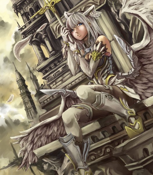 Anime picture 1316x1500 with lord of vermilion valkyrie (lord of vermilion) suzuno (bookshelf) single tall image short hair blue eyes sitting white hair head wings girl gloves wings elbow gloves building (buildings) staff tower