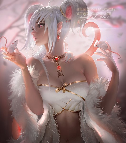 Anime picture 882x1000 with original sakimichan single tall image fringe bare shoulders signed looking away cleavage ahoge white hair tail parted lips animal tail pink eyes realistic bare belly zodiac chinese zodiac rat (chinese zodiac)