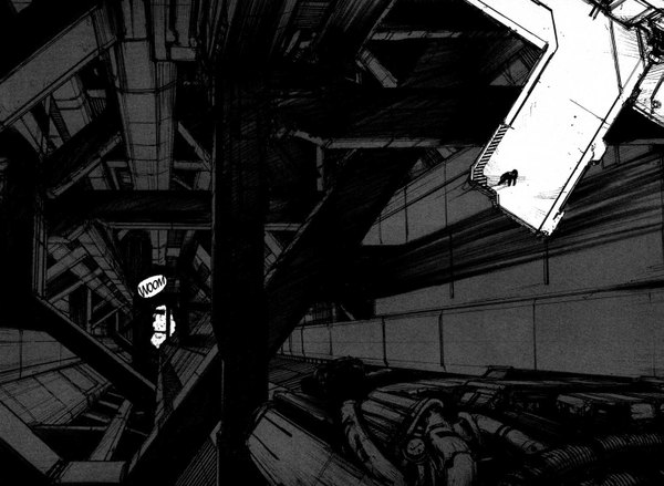Anime picture 1501x1100 with blame! text monochrome english silhouette manga cyberpunk boy speech bubble