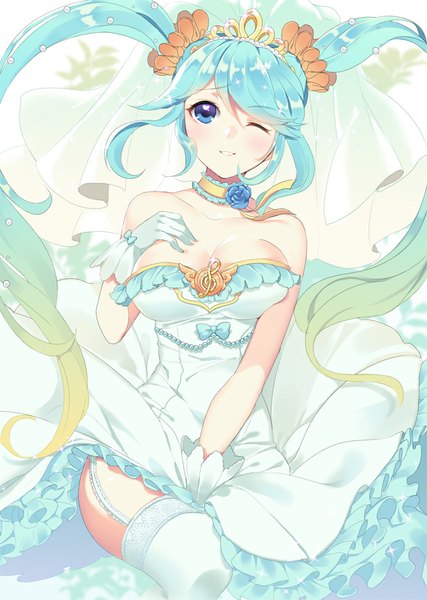 Anime picture 700x984 with league of legends sona buvelle dakun87 (artist) single tall image blush breasts blue eyes light erotic large breasts bare shoulders very long hair one eye closed multicolored hair wink hand on chest gradient hair girl thighhighs dress