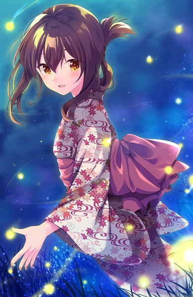 Anime picture 1000x1537 with kantai collection inazuma destroyer tanabe single long hair tall image looking at viewer fringe open mouth hair between eyes brown hair yellow eyes outdoors traditional clothes :d japanese clothes from above night folded ponytail girl