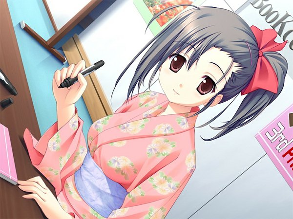 Anime picture 1024x768 with backstage (game) black hair brown eyes game cg japanese clothes girl kimono