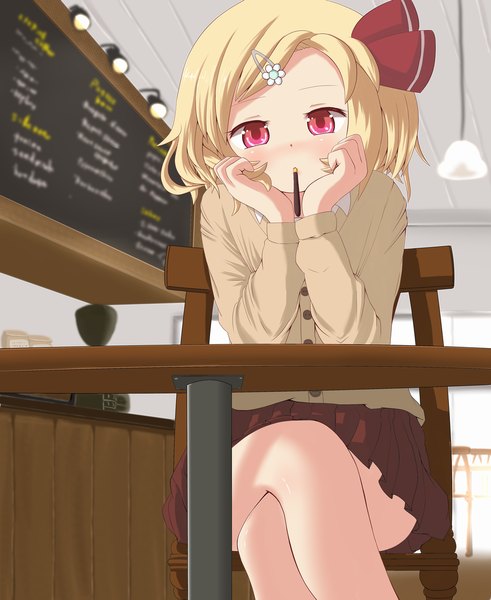 Anime-Bild 1005x1227 mit touhou rumia maromi gou single tall image looking at viewer blush short hair blonde hair red eyes sitting crossed legs chin rest girl skirt hair ornament miniskirt sweets hairclip pocky