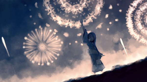 Anime picture 4193x2359 with yakult smoothie (yakultsmoothie) single long hair looking at viewer fringe highres smile wide image standing absurdres traditional clothes japanese clothes arm up dutch angle wallpaper pointing backlighting fireworks girl obi