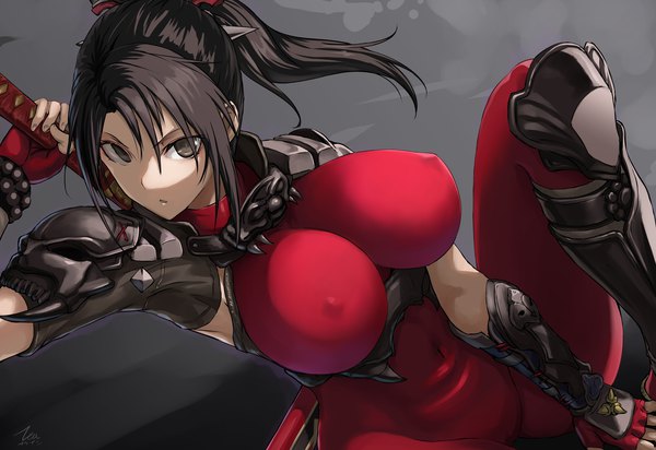 Anime picture 4326x2970 with soulcalibur soulcalibur vi taki (soulcalibur) tea (nakenashi) single long hair fringe highres breasts open mouth light erotic black hair hair between eyes large breasts sitting holding signed payot looking away absurdres