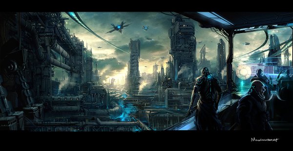 Anime picture 1233x638 with moonworker1 seung jin woo wide image city smoke cityscape science fiction building (buildings) aircraft airship