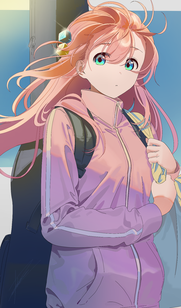 Anime picture 986x1672 with bocchi the rock! cloverworks gotou hitori poligon (046) single long hair tall image looking at viewer fringe hair between eyes pink hair upper body aqua eyes one side up girl hair ornament track jacket cube hair ornament instrument case guitar case