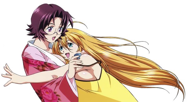 Anime picture 4892x2683 with ikkitousen sonsaku hakufu long hair highres short hair open mouth blue eyes light erotic blonde hair simple background wide image white background purple eyes multiple girls absurdres purple hair scan official art girl 2 girls